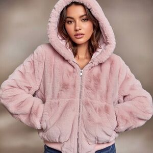 SWEET RAIN REVERSIBLE PINK FAUX FUR BOMBER JACKET WITH HOOD